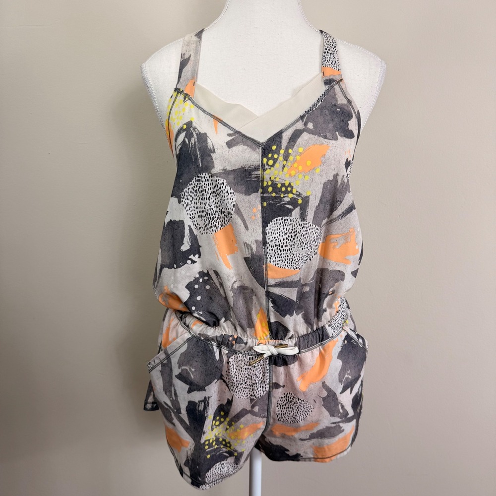 Lululemon Hotty Hot Romper Abstract Orange Grey Print Adjustable Straps Size 4